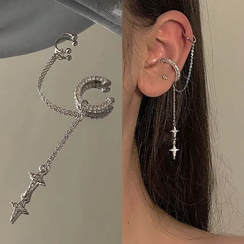 Shiny Silber Farbe Kristall Quaste Nicht-Piercing Manschette Ohr Clip Ohrring Für Frauen Strass Stern