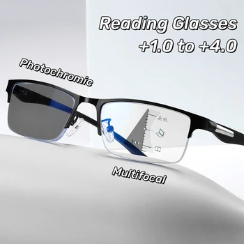 Progressive Multifokale Photochrome Lesebrille Anti-blau Licht Weit Anblick Gläser Männer Halb Rahmen Business