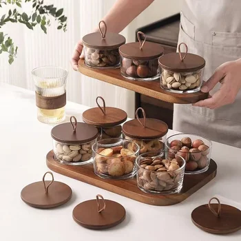 Glas-Teller für getrocknete Früchte, japanische Glas-Aufbewahrungsflasche mit Holzdeckel, Snackfach