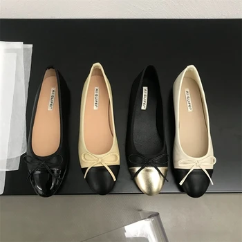 2025, neue, Damen-Leder-Flache Schuhe, modische runde Zehen, lässige Ballerina-Bogen-Ballettschuhe, weich