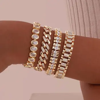 Büroklammer-Kettenarmband, 14 Karat vergoldet, Zirkonia-Uhrenarmband, klobiges Glied, verstellbar, stapelbar