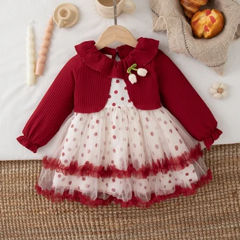 Herbstliches neues Weihnachtsfeier-Babykleid für Mädchen, niedliche gepunktete Kinderkleidung, geeignet