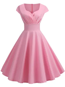 Rosa Sommerkleid Damen V-Ausschnitt Vintage Robe Elegant Retro Pin Up Party Büro Midi Kleider