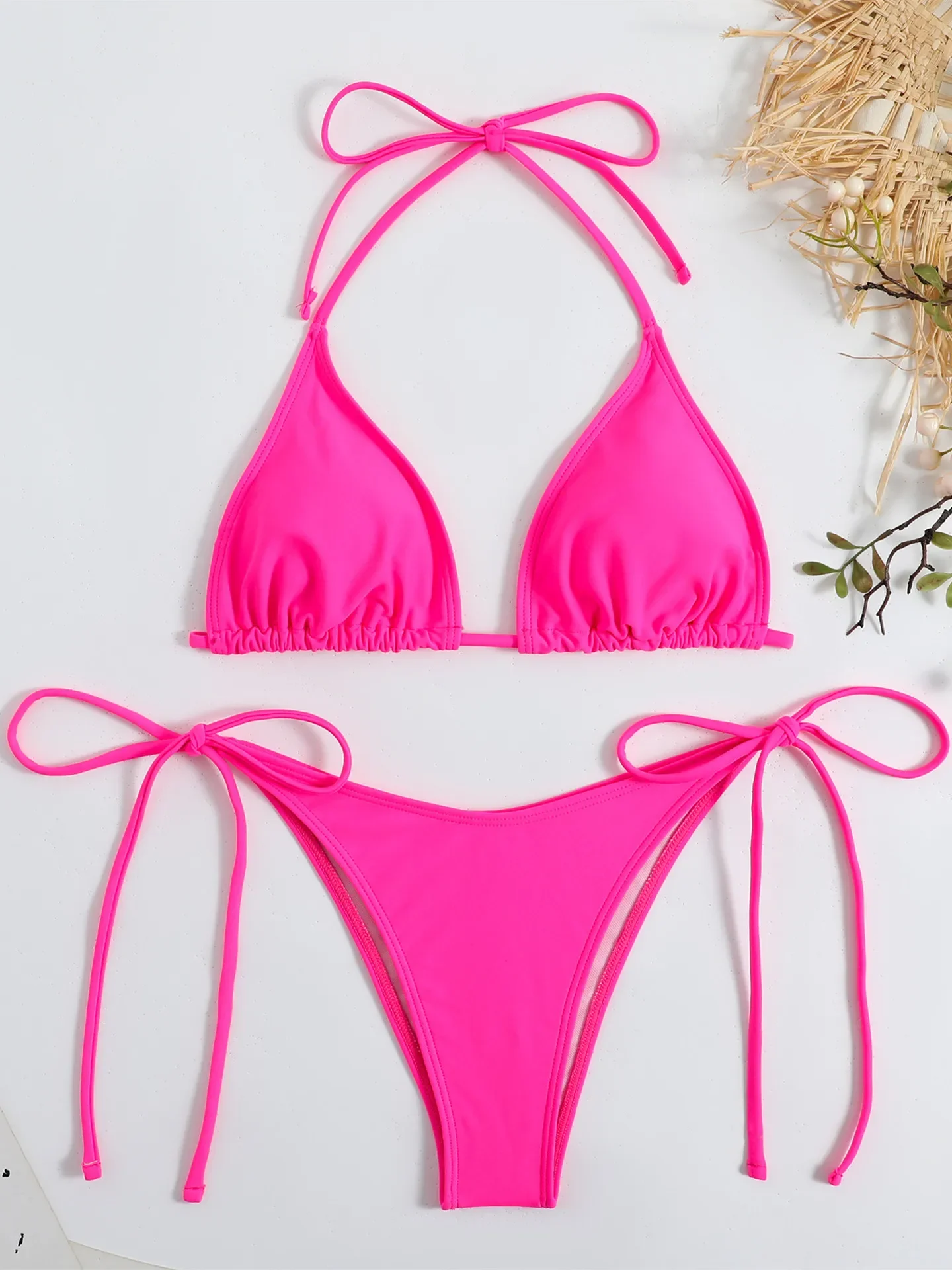 Sexy Brauner Bikini 2026 Damen Einfarbiger Roter Neckholder – Bild 2