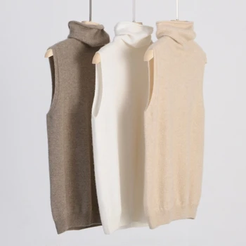 Frauen 100% Merino Wolle Ärmellose Pullover Rollkragenpullover Weste Wolle Strickwaren Frühling Herbst Winter