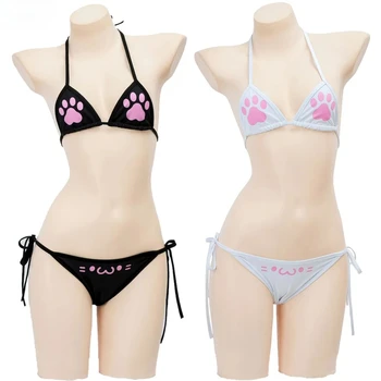 Anime Kawaii Mädchen Nette Katze Pfote Bikini Badeanzug Frauen Klaue Muster Drei Punkt Unterwäsche Set Kostüm