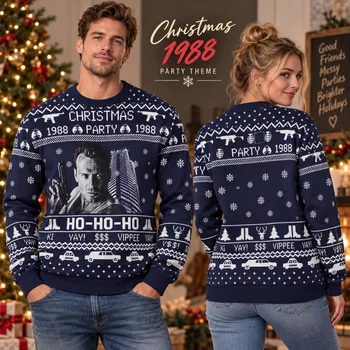 Weihnachten 1988 Hässlicher Weihnachtspullover, Retro-Actionfilm-Pullover mit Schneeflockenmuster, lustiger