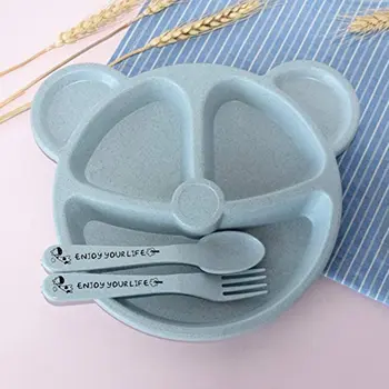 Baby Schüssel + Löffel + Gabel Fütterung Lebensmittel Geschirr Cartoon Bär Kinder Gerichte Essen (3 Stück)