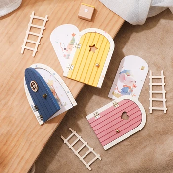 Bunte Mini-Zahnfeen-Tür aus Holz, bemaltes magisches Mausgatter, Puppenhausgarten mit Treppe, Zahnbox