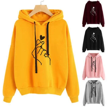 Herbst Fleece Hoodie Einfarbig Finger Herz Mit Kapuze Koreanische Mode Sweatshirts Langarm Top Kordelzug