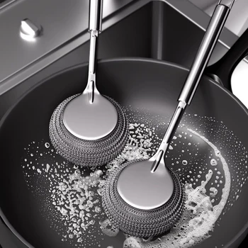 Edelstahl Topf Pinsel Küche Spezielle Topf Waschen Stahl Wolle Ball Pinsel Lange Griff Geschirr Reinigung