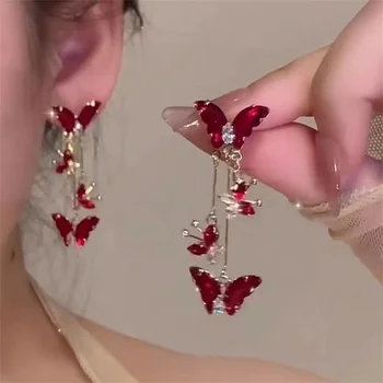 Elegante Rote Zirkon-Schmetterling-Ohrhänger für Damen, Stilvolle Süße Metall-Schleifenohrringe, Modische