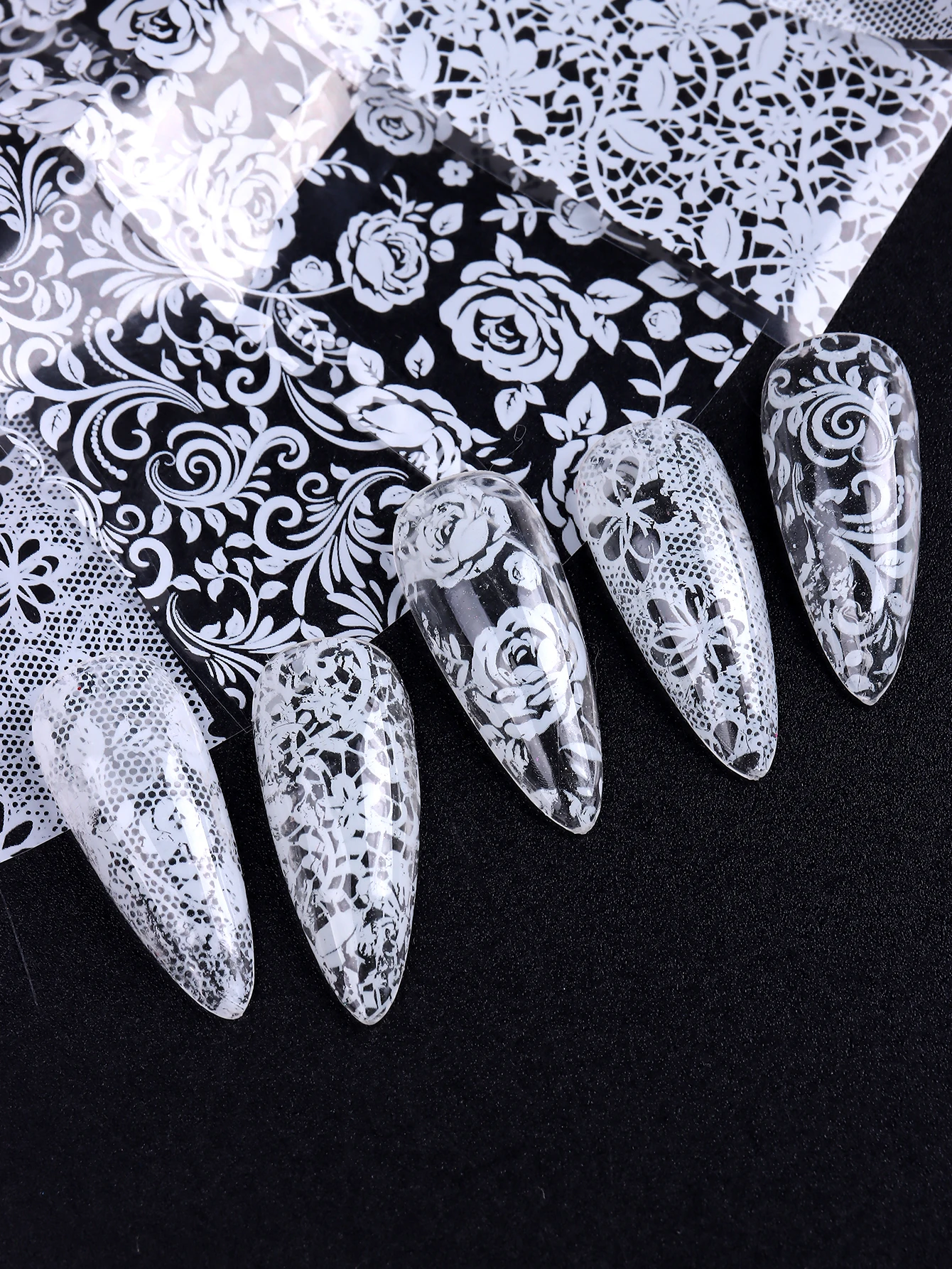 10 Blatt Spitzen-Nagelfolie, weiß und schwarz – Bild 4