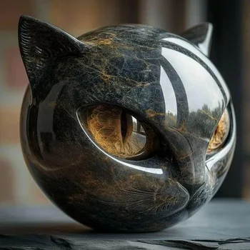 Dekorative schwarze Katze Stein Figur Harz Katzenkopf Marmor Textur Katze Stein Andenken Geschenk Büro