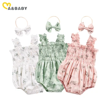 Ma & Baby 0-24m Baby Stram pler Neugeborene Overall Blumen druck ärmellose Kleidung Stirnband Sommer Outfits