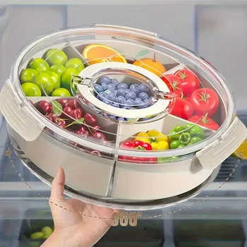 Geteiltes drehbares Serviertablett mit Deckel und Griff, tragbare Snackbox für Obst-Snacks