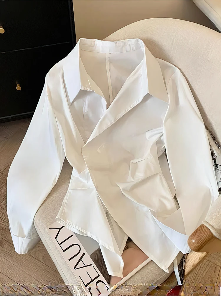Designer Unregelmäßige Langarm Poloshirt Frauen Tunika Weiß – Bild 4