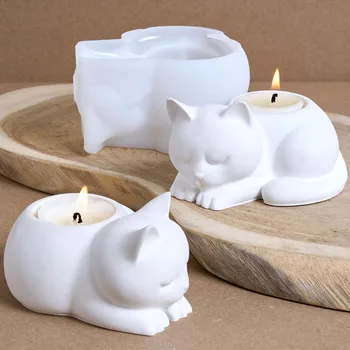 Tier Katze Kerzenhalter Silikon Form DIY Hause Desktop Ornamente Kerzenhalter Casting Formen Gips Harz