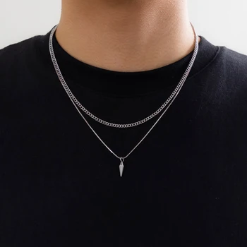 KunJoe 2 Teile/satz Edelstahl Metall Nieten Anhänger Dünne Schlangenkette Halskette für Männer Punk Silber