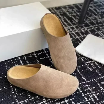 Damen Hausschuhe geschlossene Zehen runde Zehen Wildleder Clogs Sandalen Herbst neue Retro einfarbige flache