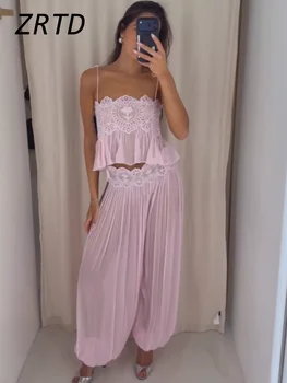 Strand-Spitzen-Set für Damen: Sommerhose mit Cut-Outs, rückenfreies Spaghettiträger-Crop-Top mit Schnürung
