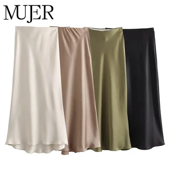 MUJER Damen 2026 Satin-Rock Hochtaillierter Langer Rock für Frauen Sommer Schwarzer Midi-Rock Eleganter