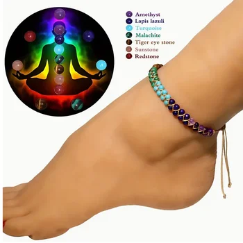 Fußkettchen für Damen, doppellagig geflochten, Strand-Accessoires, 7 Chakras, Boho-Türkis-Schmuck, Schwarz