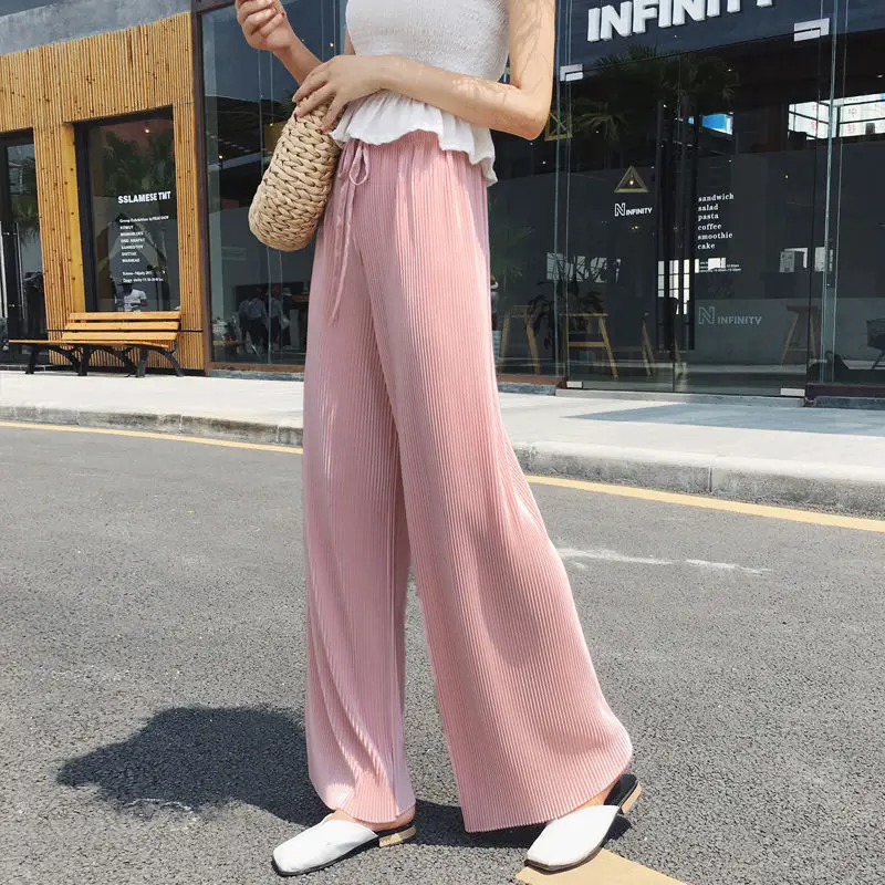 Frauen Mode Sommer Breite Bein Hosen Plissee Eis Seide Hosen – Bild 3