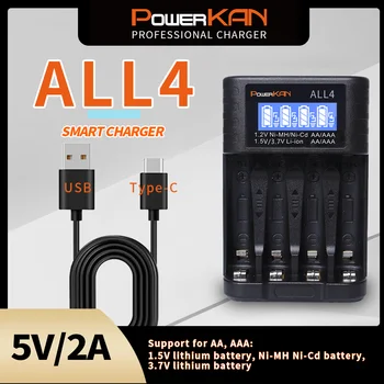 POWERKAN ALL4 AA/AAA 4-Slot kleines praktisches Akkuladegerät für 1,2 V Hi-MH und 1,5 V/3,7 V Li-Ion