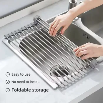Rollbarer, faltbarer Abtropfständer aus Edelstahl für die Küche, multifunktionaler Geschirrabtropfer