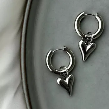 Punk Pfirsich Herz Anhänger Ohrringe für Frauen Silber Farbe Einfache Mode Geometrische Kreisförmige Ohr