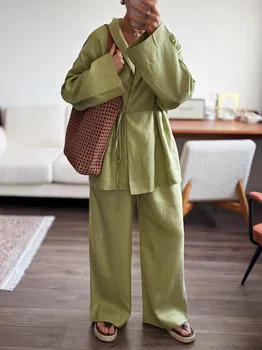 Damen Leinen Zweiteiler Set Kimono-Wickeloberteil & Weite Hose Olivgrün Lockerer Loungewear-Outfit