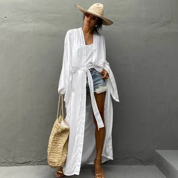 Solide Strand-Vertuschung für Damen, selbstgürtel, Wickel-Kimono-Kleid, Badeanzug, 2025, neue Robe, Sommer