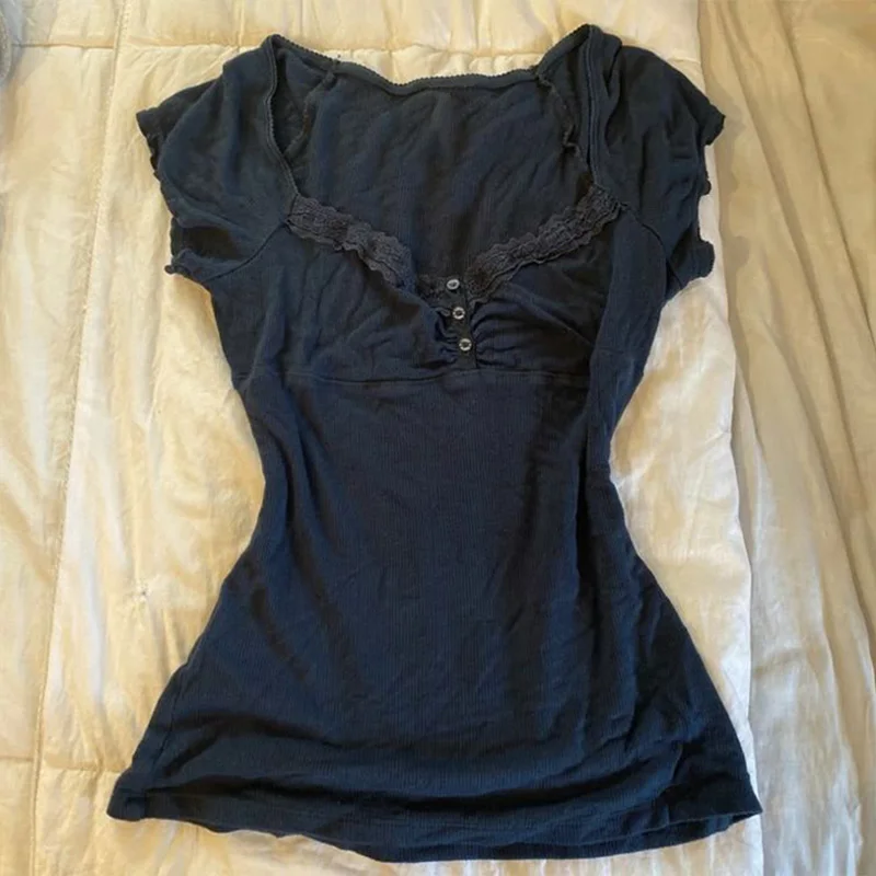 Vintage Slim Lace T-Shirt Einfarbig Casual Muster Pendler