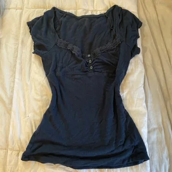 Vintage Slim Lace T-Shirt Einfarbig Casual Muster Pendler High Street Fashion Y2K Cropped Top Trash Punk Hop