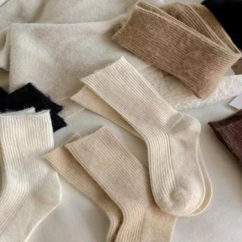 Frauen Wolle Socken Warme Winter Dicke Kaschmir Fuzzy Casual Einfarbig Komfortable Hause Socke Weiche Lange