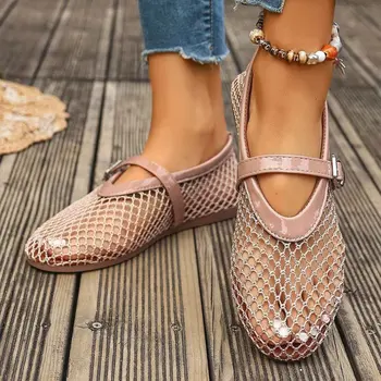 Frauen Mesh Ballerinas Fishnet Ballerina Wohnungen Komfortable Runde Kappe Ballett Schuhe Atmungsaktive Casual