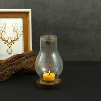 Kerzenhalter aus Glas, Kerzenheizhalter mit Holzsockel, Aromatherapie-Räuchergefäß für Yoga, SPA