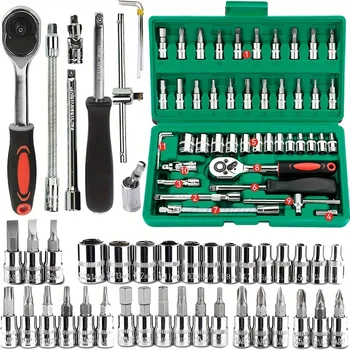 Familienwerkzeug, 1/4-Set, Mechaniker-Werkzeug-Set für die Autoreparatur, Gehäuse mit Steckdosen (46 Stück)