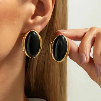 KunJoe 1 Paar ovale Ohrstecker aus Kunstharz und Acryl für Damen, trendige goldfarbene geometrische Ohrringe