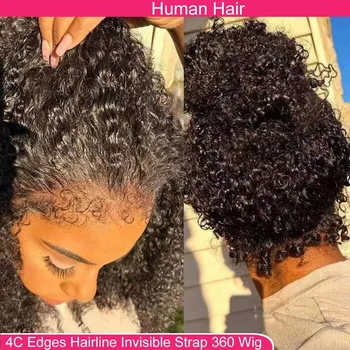 4C Kinky Edges Unsichtbarer Kordelzug 360 Full HD Lace Front Perücken Echthaarperücken mit verworrenem