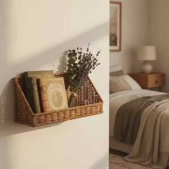 Rustikaler Wandkorb mit Haken - gewebter Rattan-Aufbewahrungskorb, geeignet für Badezimmer, Küche