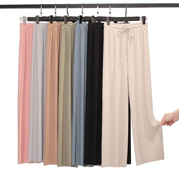 Frauen Knöchel-Länge Breite Bein Hosen Casual Sommer Feste Elastische Taille Lose Eis Seide Hosen Frühling
