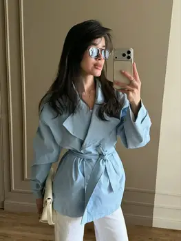 Solide Revers Spitze Up Trenchcoat Für Frauen Mode Lange Ärmel Breite Schulter Kurze Lose Mantel 2025, Neue