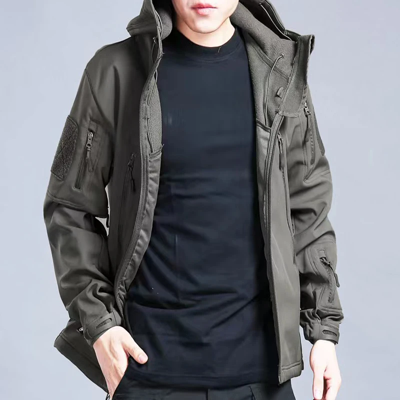 Männer Herbst Winter SoftShell Fleece Jacken Männliche Kapuze – Bild 4