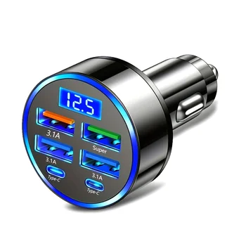6-in-1 Auto-Ladeadapter 3,1 A mit 2× USB-C und Digitalanzeige