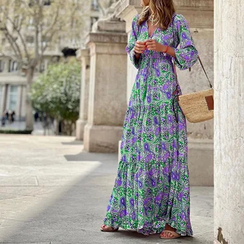 Blumendruck V-Ausschnitt Bohemian Langes Kleid