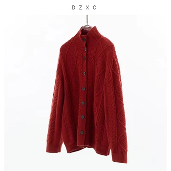 Weihnachtsroter Pullover-Cardigan, dicker Strickpullover mit Vintage-Zopfmuster, Damenpullover für den Winter