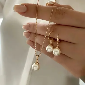 LATS 3-teiliges Set mit rundem Perlen-Anhänger, Halskette für Damen, exquisite Mode, Strass, Doppel-Ohrring