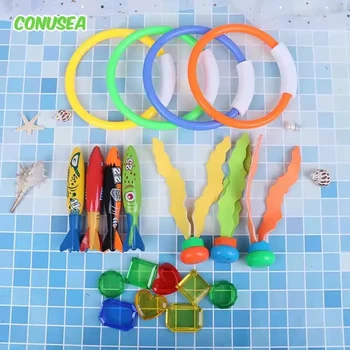 Schwimmen Pool Schatzsuche Tauchen Spielzeug Set Torpedo Fisch Wasser Ringe Pflanzen Delphin Boje Kinder